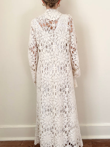 Peter Pan Collar Belle Sleeve 70s Boho Inspired Crochet Medallion Duster Cardigan (L)