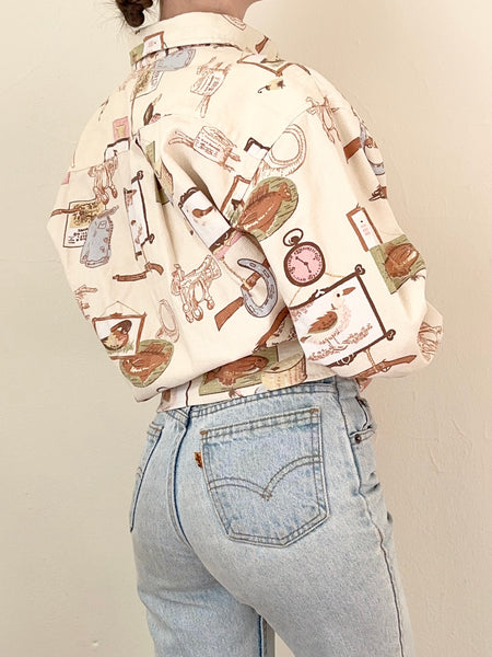 Old Country Novelty Print Cotton Button Up Blouse (M)