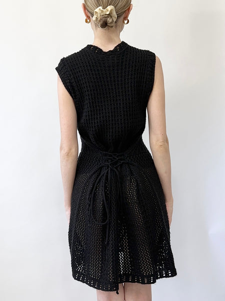 90s Black Sheer Crochet Mini Dress (M)
