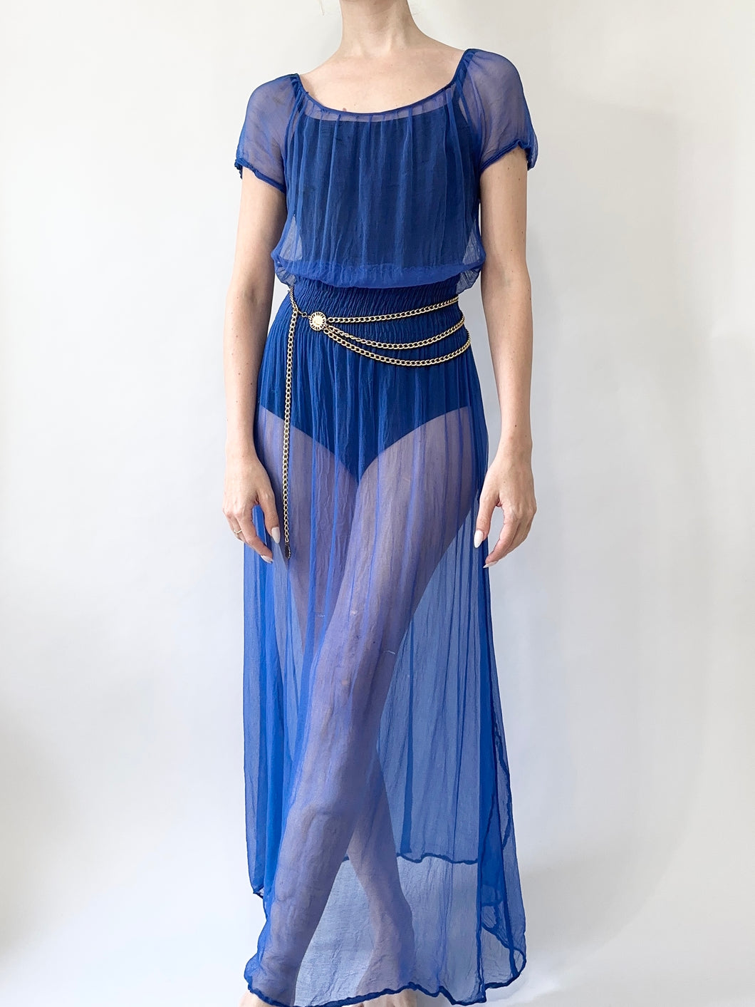 Antique 1930s Sheer Blue Silk Slip Dress (XS)