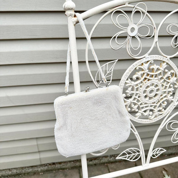 White Vintage 1950s Beaded Handbag Purse