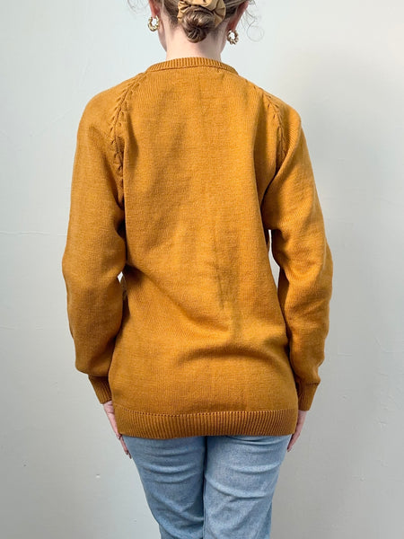 60s Burnt Orange Floral Embroidered Cardigan (S)