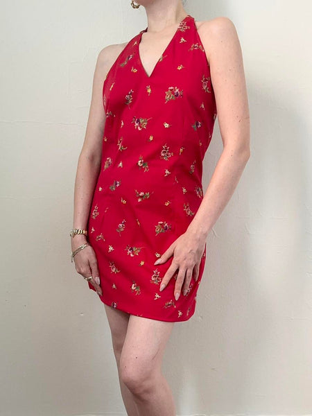 Vintage 90s Ralph Lauren Red Floral Halter Dress (4)