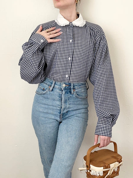 Navy Blue Gingham Button Up Peter Pan Collar Blouse (M)