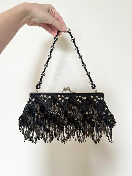 Vintage Y2k Black Beaded Fringe Sequin Shoulder Bag