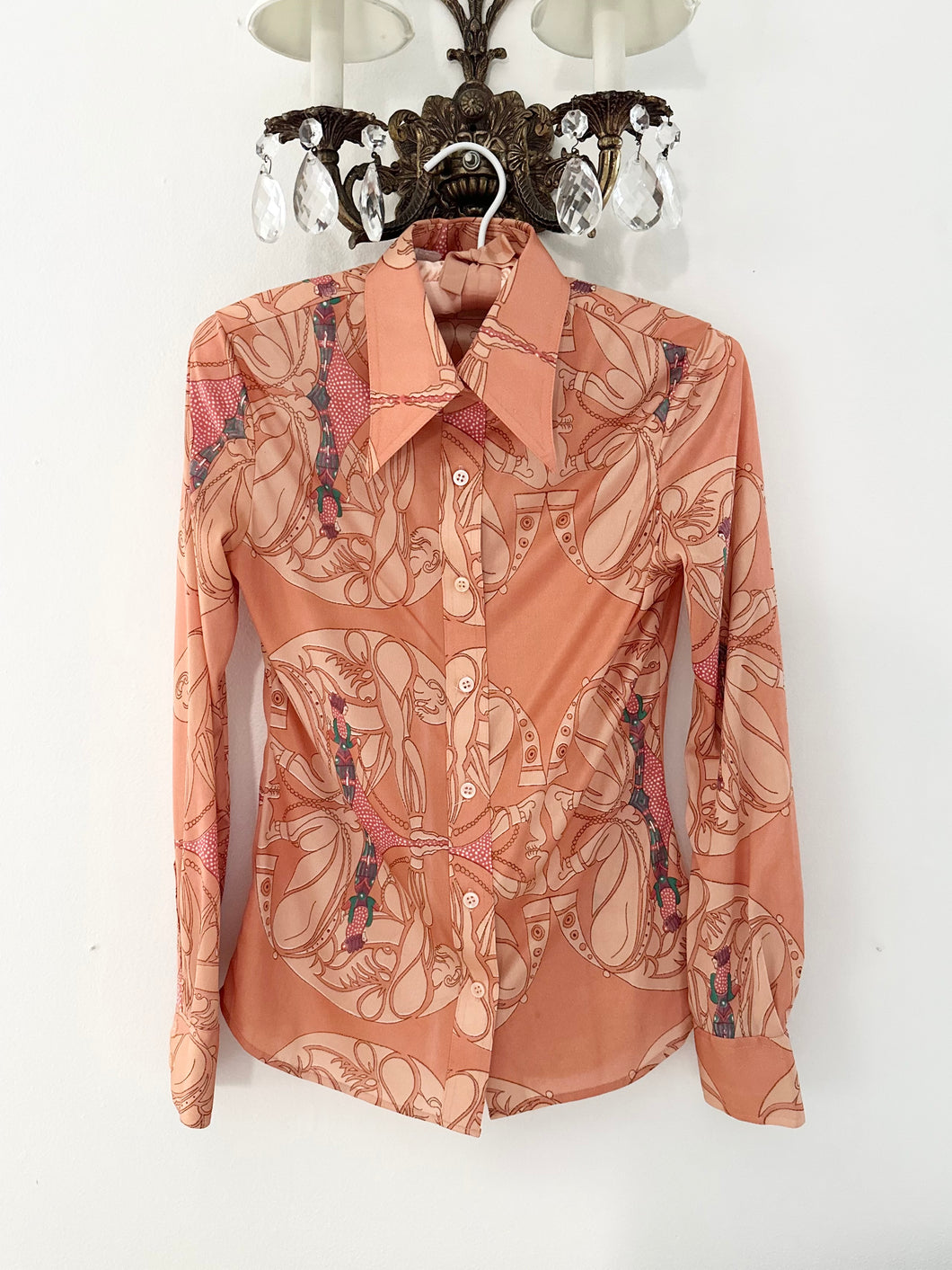 Vintage 1970s Art Nouveau Disco Print Novelty Button Down Blouse (XS/S)