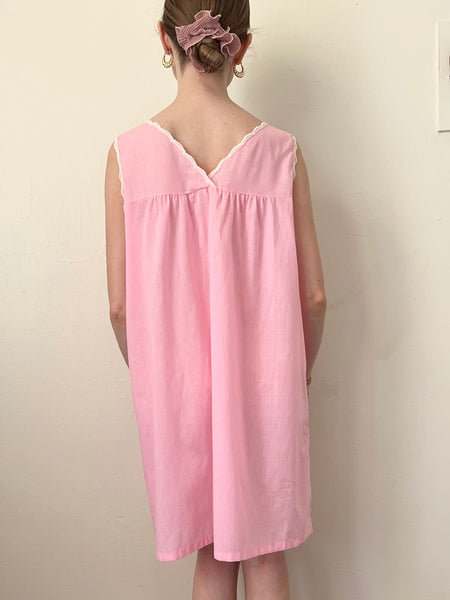 60s Pink Babydoll Embroidered Cotton Nightgown (M)