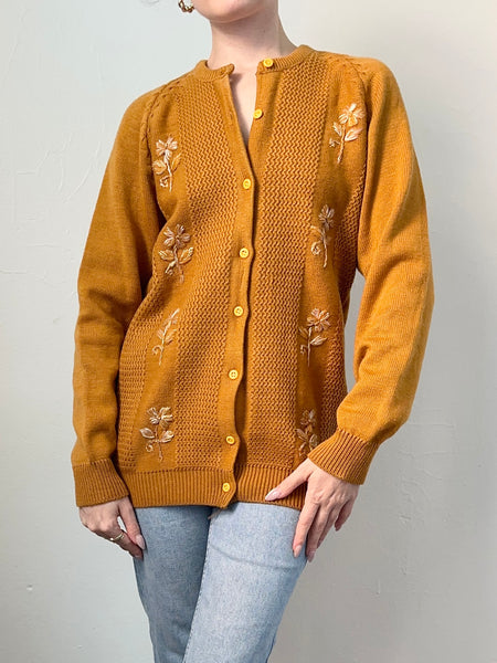 60s Burnt Orange Floral Embroidered Cardigan (S)