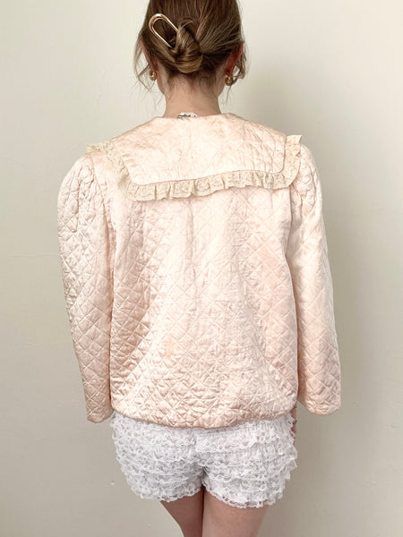 Pink Silk Satin Quilted Antique 1930s 1940s Bed Jacket (S)