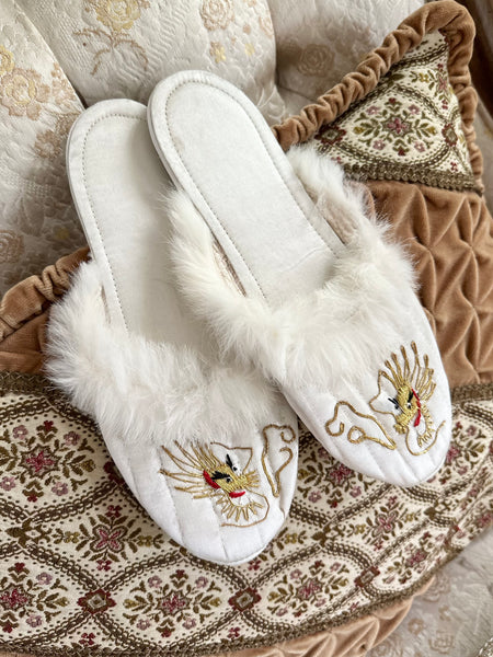 1950s White Fur Trim Japanese Dragon Slippers (6)