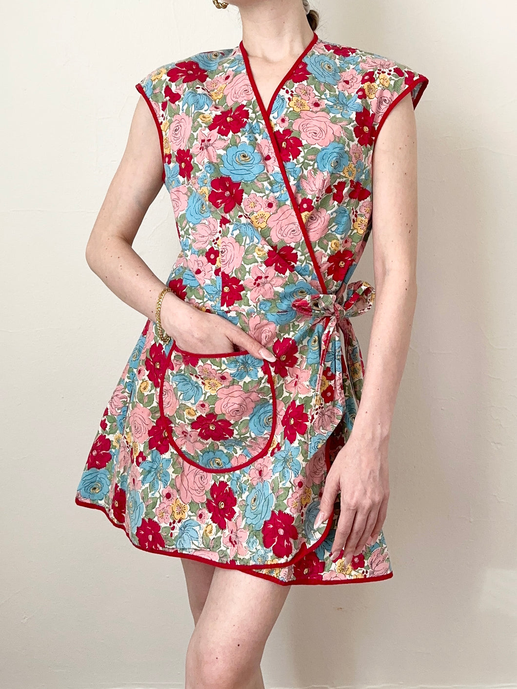 Red Floral Handmade Vintage Apron Cotton Wrap Dress (S)