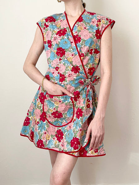 Red Floral Handmade Vintage Apron Cotton Wrap Dress (S)