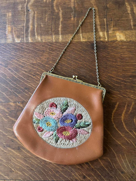 Vintage Leather Colorful Embroidered Handbag Purse