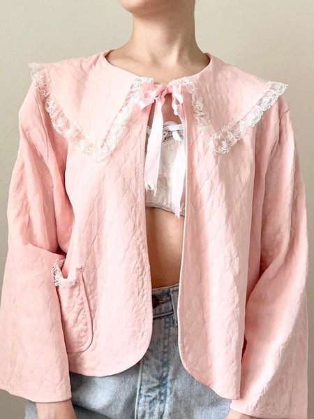Pink Silky Lace Trim 1950s Peter Pan Collar Bed Jacket (S/M)