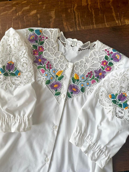 Vintage Hungarian Hand Embroidered Colorful Floral Puff Sleeve Peasant Blouse (XL)