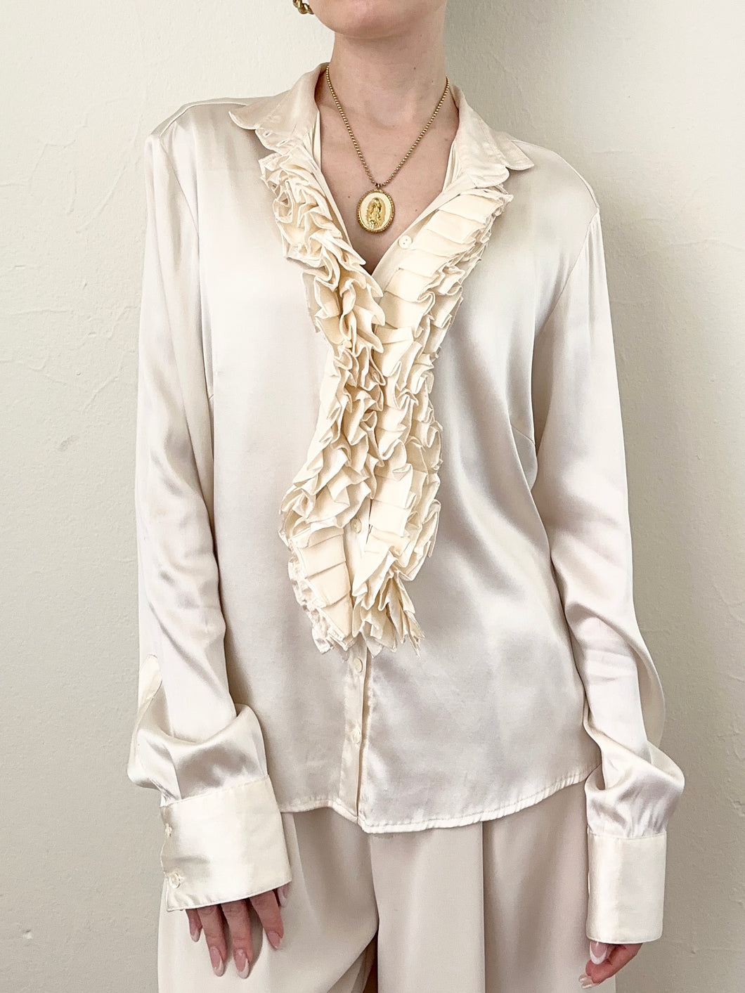 Vintage Italian Pure Silk Ruffle Blouse (S/M)