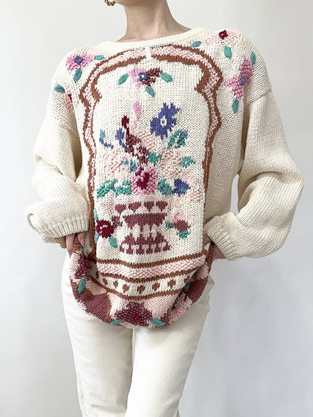 1980s Floral Bouquet Knit Sweater (L)