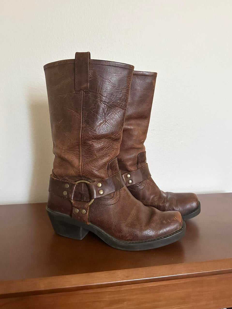 Vintage Brown Leather Moto Campus Boots (6.5)