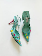 Load image into Gallery viewer, Groovy Blue Moschino Silk Embroidered Flower Heels (8, 8.5)
