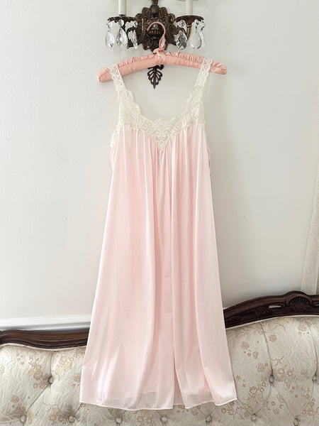 Vintage Lace Trim Silky Pink Nightgown Slip Dress (M)