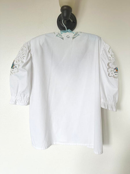 Vintage Hungarian Hand Embroidered Colorful Floral Puff Sleeve Peasant Blouse (XL)