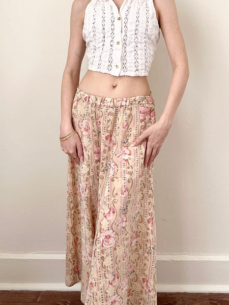 Vintage Blush Roses Silk Midi Skirt (26”)