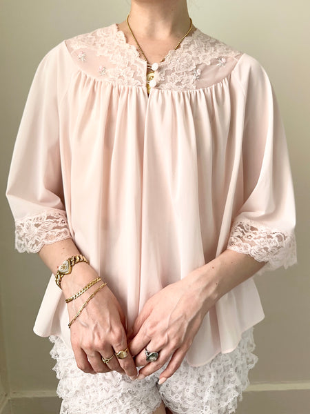 Pink Silky Lace Trim 1960s Princess Belle Sleeve Bed Jacket (S)