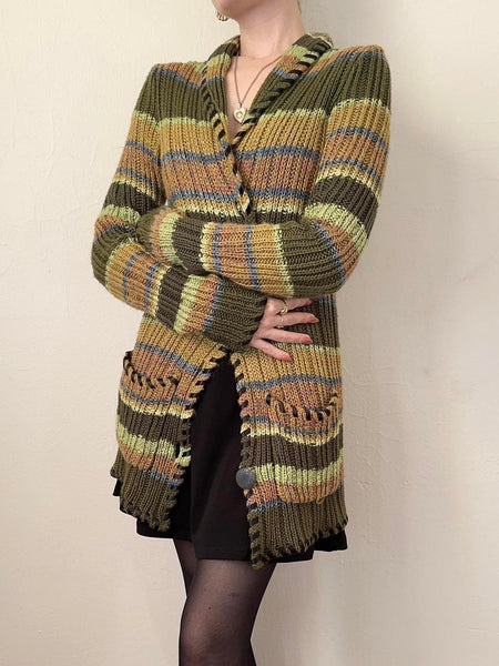 Green Striped Ribbon Cardigan Sweater (XS/S)