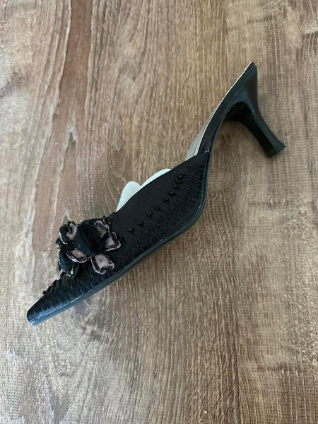 Vintage Black Satin Embellished Floral Mule Heels & Purse Set (10)