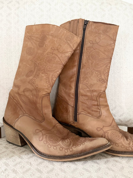 Vintage Brown Leather Embroidered Cowboy Boots