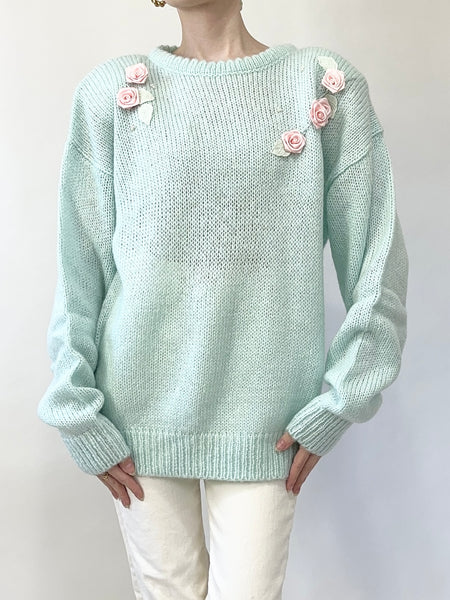 Pastel Blue 1980s Rosette Sweater (L)