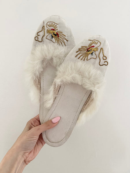 1950s White Fur Trim Japanese Dragon Slippers (6)