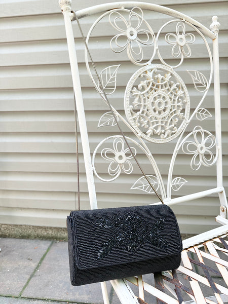 Vintage 1990s Black Beaded Rose Handbag Purse