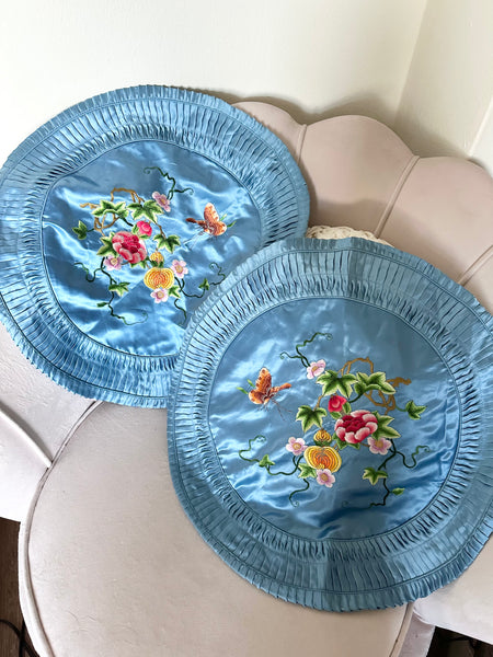 Vintage 1940s Blue Silk Round Sham Pillowcases Set