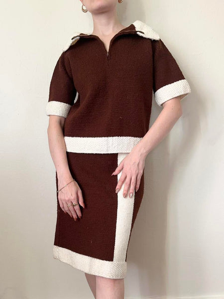 Mod 60s Brown Wool Sweater & Skirt Set (XS)
