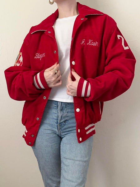 Retro Red 70s Corduroy Varsity Jacket (S)