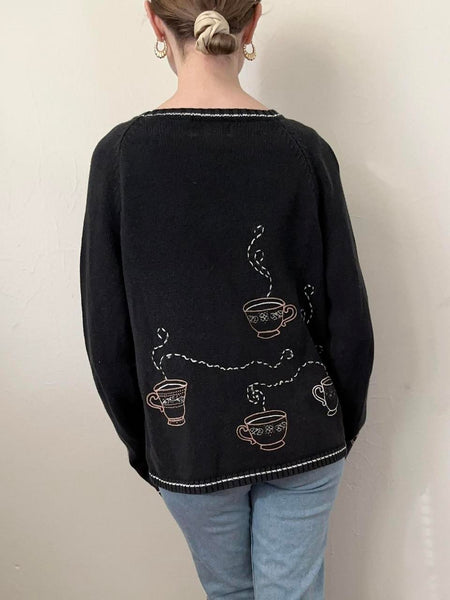 Cup-a-Java Cozy Coffee Hand Embroidered Sweater (S)