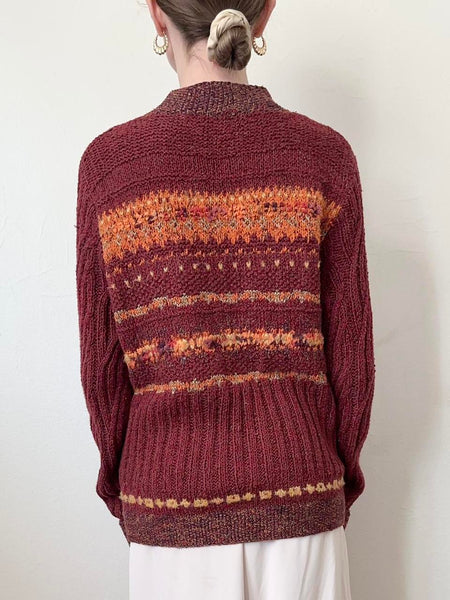 Hand Knit Striped Autumn Zip Up Cardigan Sweater (M)