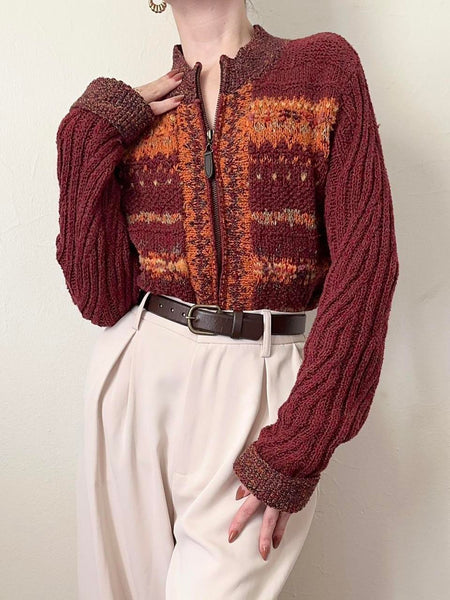 Hand Knit Striped Autumn Zip Up Cardigan Sweater (M)