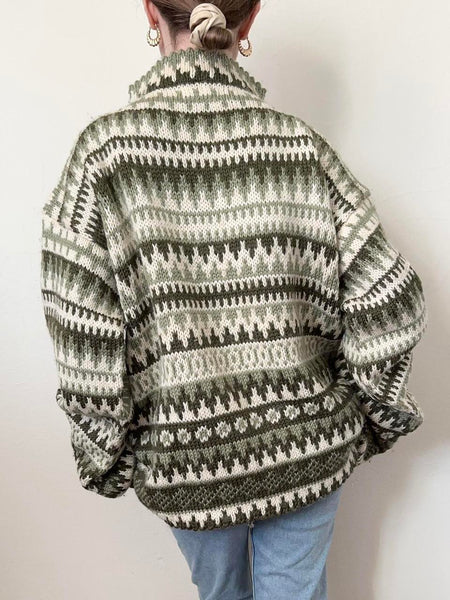 90s Green Striped Hand Knit Wool Sweater (M/L)
