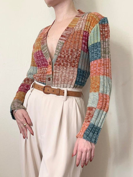 70s Colorful Autumn Cardigan Sweater (S)