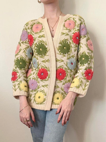 50s Hand Loomed Colorful Flower Cardigan Sweater (S)