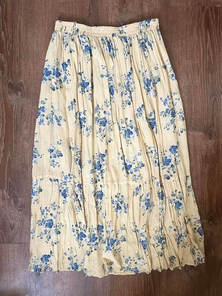 90s Yellow and Blue Floral Maxi Skirt (3X, 43”)