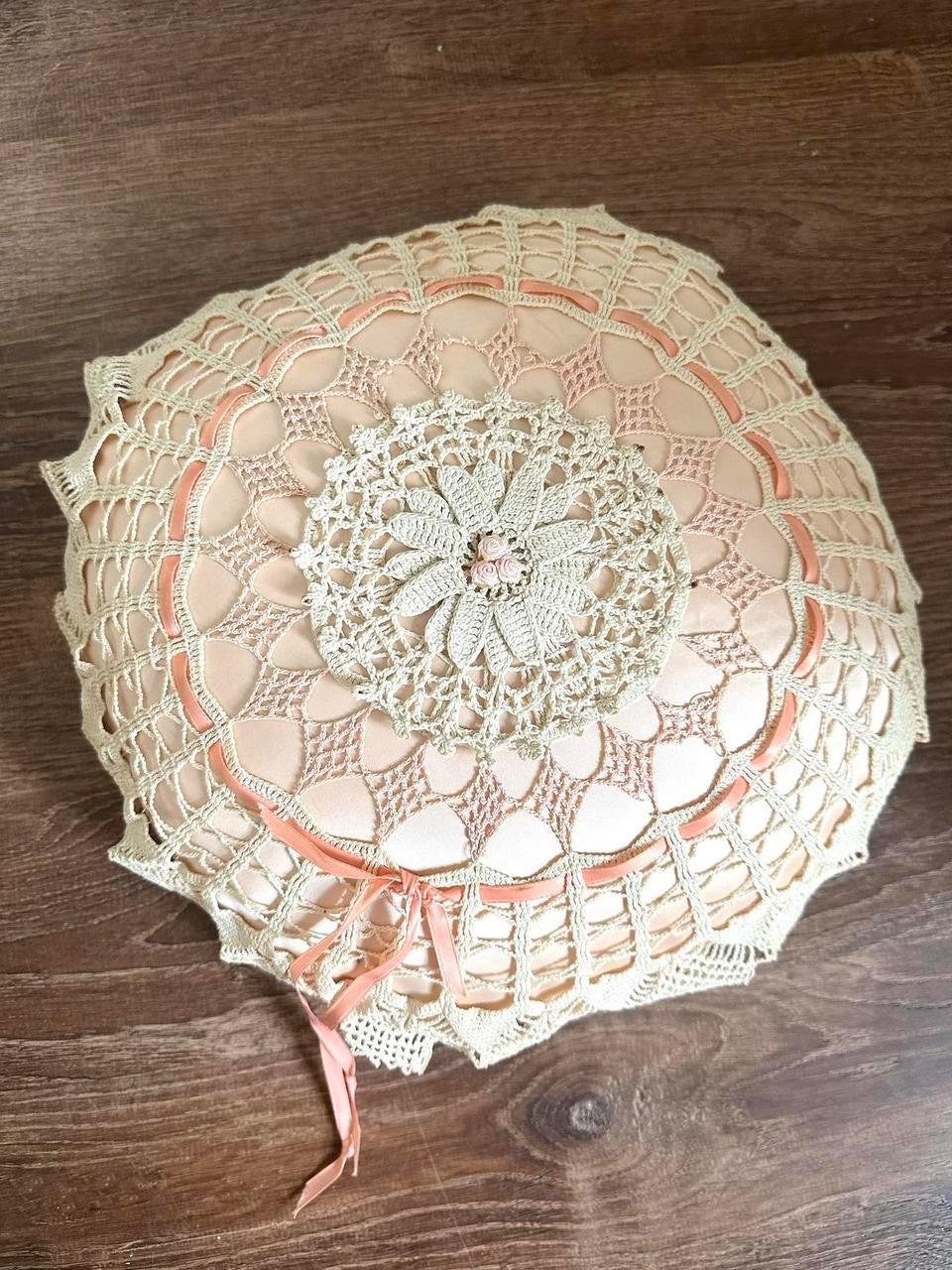 Antique Pink Satin Crochet Ribbon Pillow