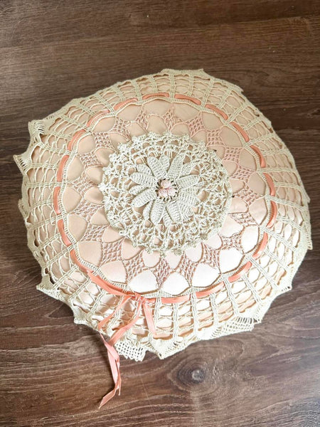 Antique Pink Satin Crochet Ribbon Pillow