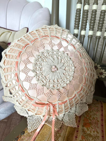 Antique Pink Satin Crochet Ribbon Pillow