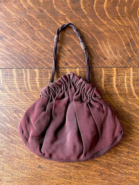 Chocolate Brown Vintage 1930s Satin Purse with Ruffle Details and Lucite Gems
