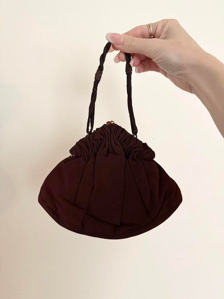 Chocolate Brown Vintage 1930s Satin Purse with Ruffle Details and Lucite Gems