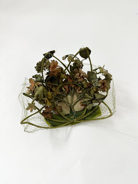 Moss Green Velvet Floral Bow Netted Fascinator Hat