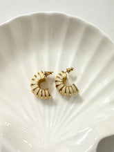 Load image into Gallery viewer, Vintage White and Gold Half Hoop Moon Earrings

